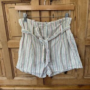 Olivaceous Small Colorful Striped Shorts Paperbag Mom High Waisted Front Zip‎